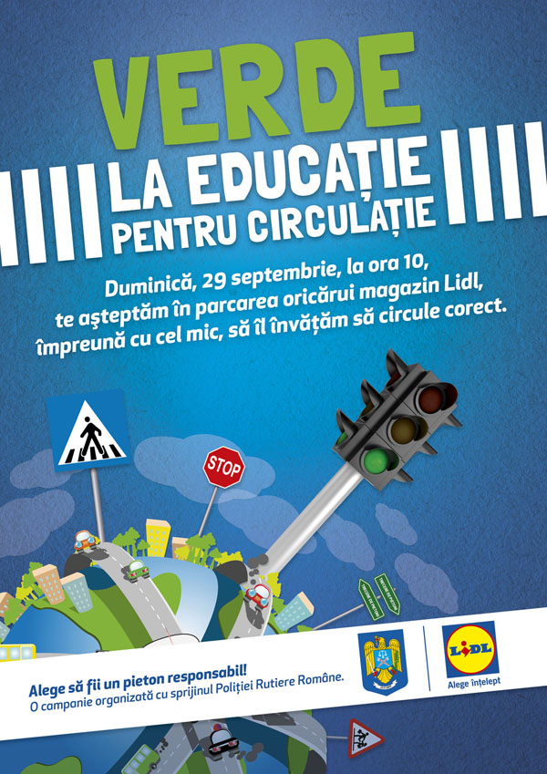 Jocuri interactive pentru copii în parcarea magazinului Lidl din municipiul Buzău, duminică dimineață, în cadrul proiectului național „Verde la Educație pentru Circulație”