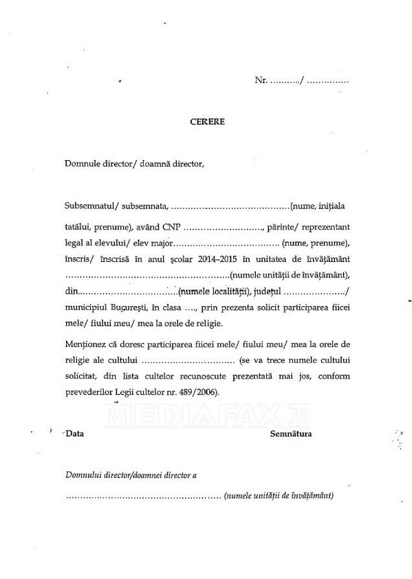 Vezi cum arată cererea de înscriere la ora de religie în şcoli !