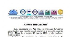 Astăzi, în intervalul orar 23.30 – 03.30 se întrerupe apa rece la blocurile aferente PT3 Micro 5