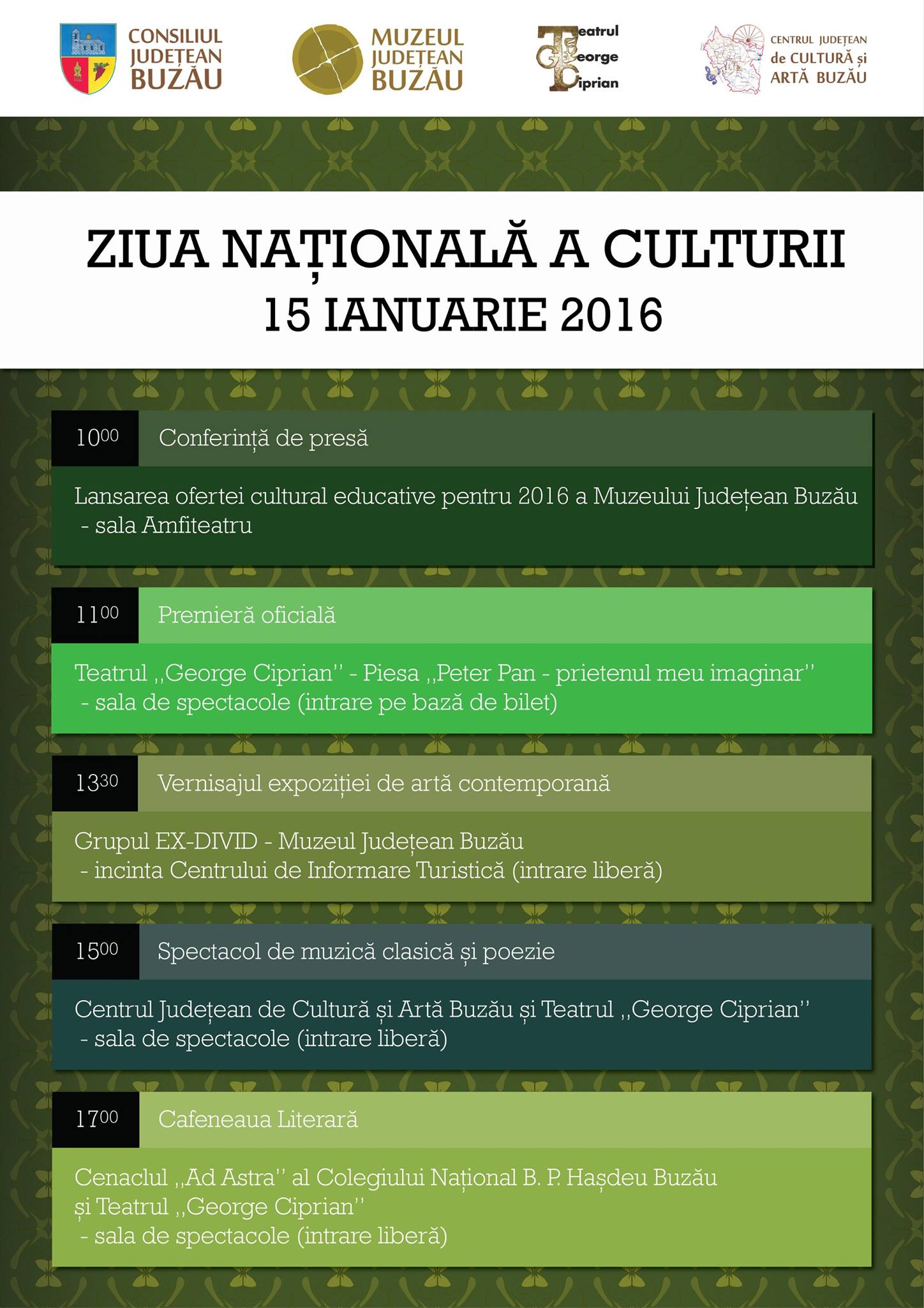 Ample manifestări la Buzău, pe 15 ianuarie, de ”Ziua Națională a Culturii”