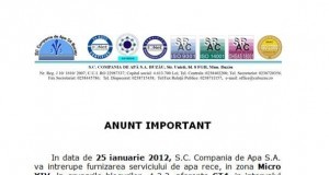 Astăzi între orele 09.00-13.00 se oprește apa caldă și rece la blocurile arondate CT 4 Micro 14