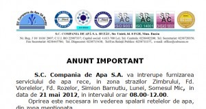 Luni 21 mai se oprește apa rece pe străzile Zimbrului, Fd. Viorelelor, Fd. Rozelor, Simion Bărnuțiu, Lunei, Someșul Mic