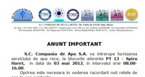 Astăzi se oprește apa rece la blocurile aferente PT13 Spiru Haret