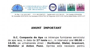 Astăzi 27 iunie, se oprește apa în câteva zone din Buzău