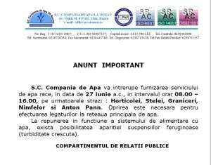 Astăzi 27 iunie, se oprește apa în câteva zone din Buzău