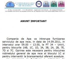 Mâine se oprește apa rece la blocurile arondate PT 34 – Unirii