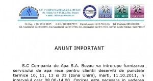 Marți se oprește apa la blocurile arondate PT 10, 11, 13 și 33 din zona Unirii