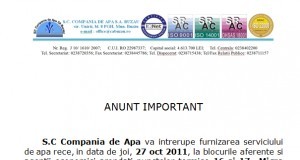 Mâine se oprește apa la blocurile aferente PT 16 și 17 Micro 3 și pe Aleea Romaniței