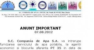 Compania de Apă întrerupe la noapte apa la PT 35