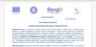 Comunicat de presă privind finalizarea proiectului „ACHIZIȚIE DE ECHIPAMENTE ÎN CADRUL SC AGRILID ACTIV SRL”