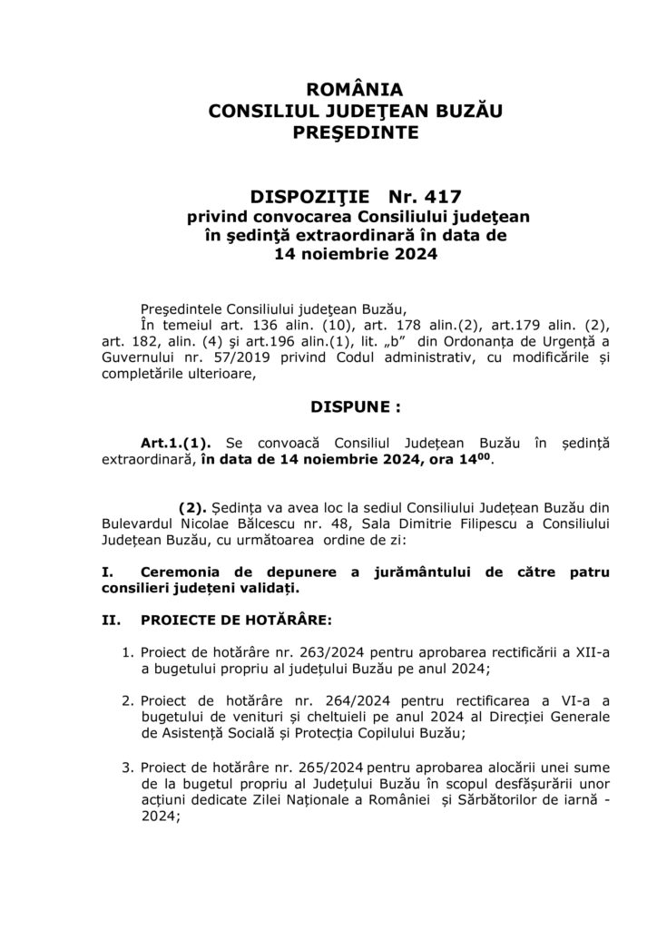 ședință extraordinară Consiliul Județean Buzău noiembrie 2024