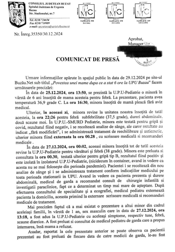 caz viral Pediatrie Buzău, Spitalul Județean de Urgență Buzău