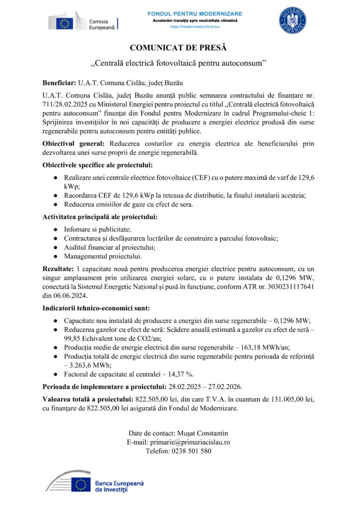 comunicat de presă Primăria Cislău