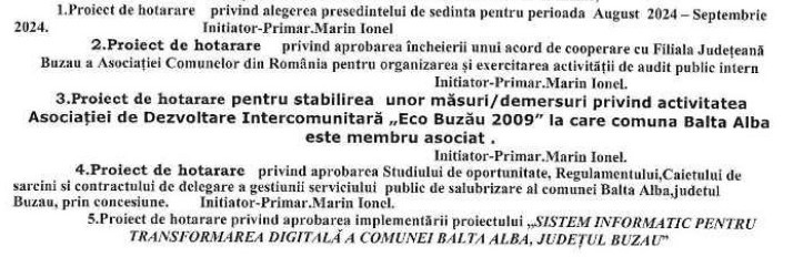 Primăria Balta Albă, ședință consiliu local Balta Albă august 2024