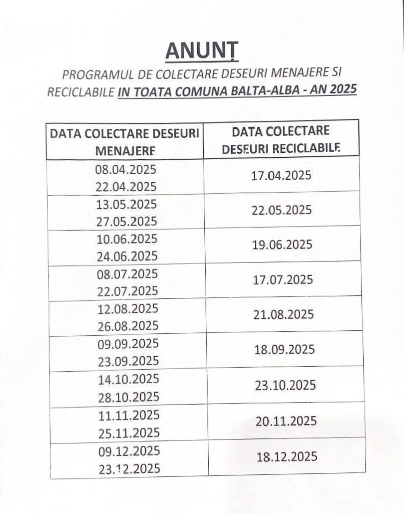 program colectare deșeuri Balta Albă 2025