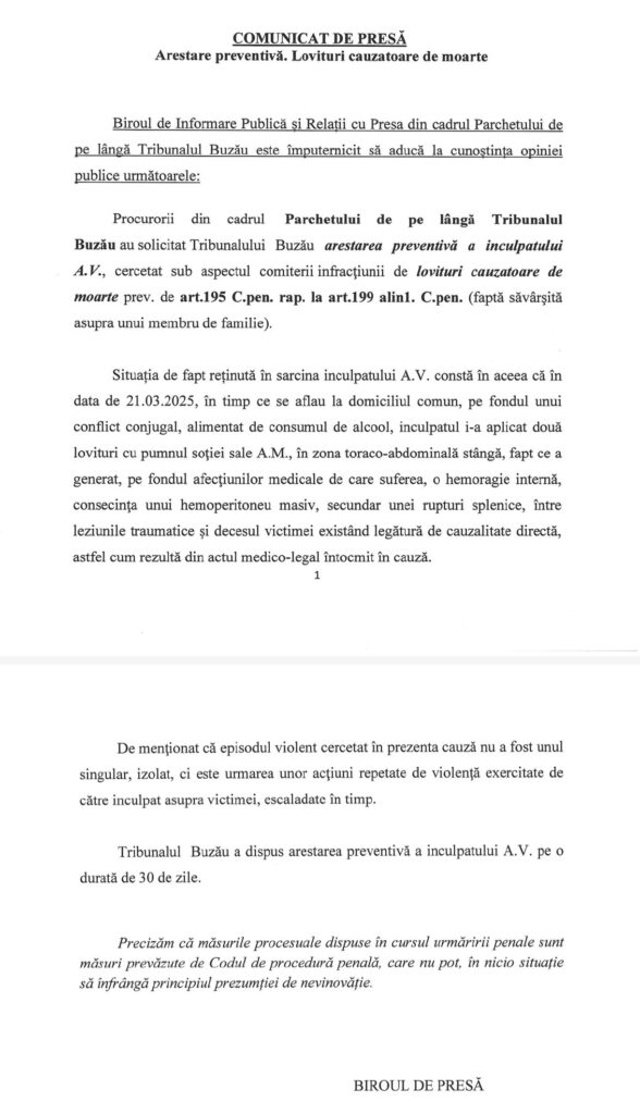 lovituri cauzatoare de moarte, omor Nehoiu