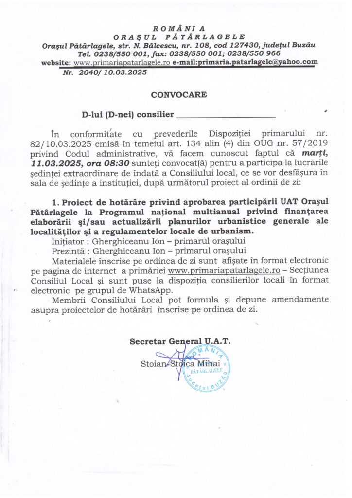Primăria Pătârlagele, ședință extraordinară Primăria Pătârlagele