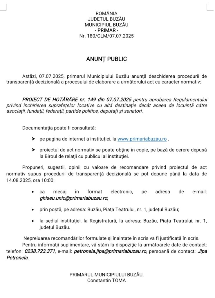 anunț public Primăria Buzău
