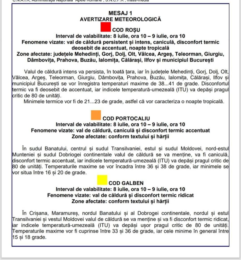 Cod roșu caniculă Buzău, mesaj RO-Alert