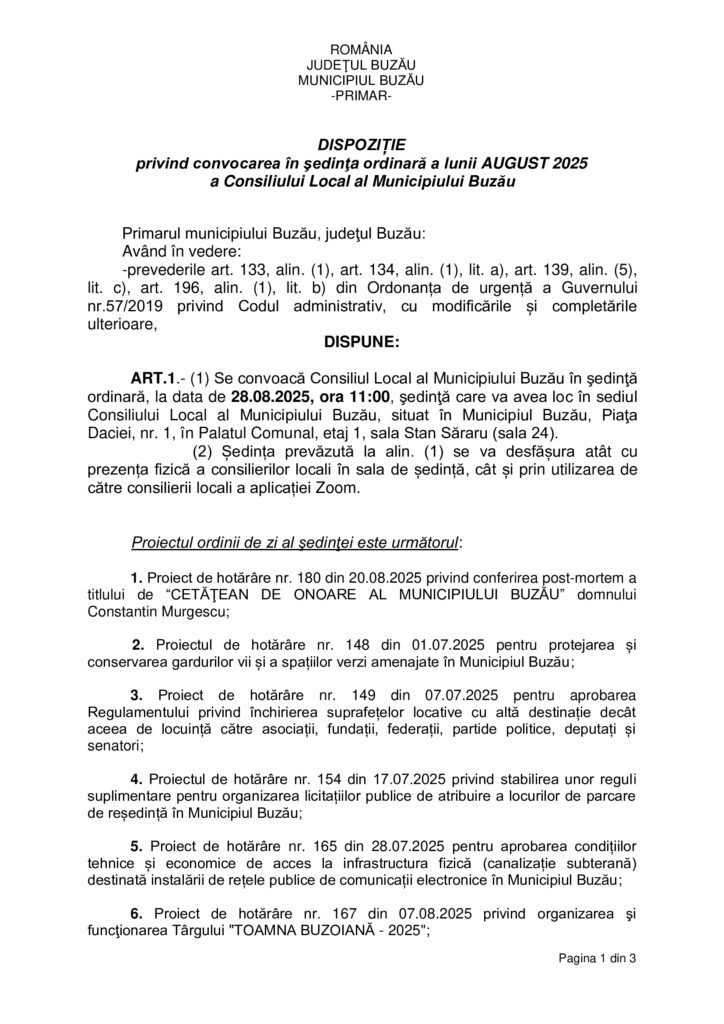 anunț Primăria Buzău, dispoziție convocare CLM Buzău august 2025