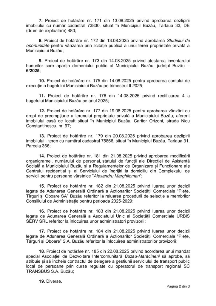 anunț Primăria Buzău, dispoziție convocare CLM Buzău august 2025