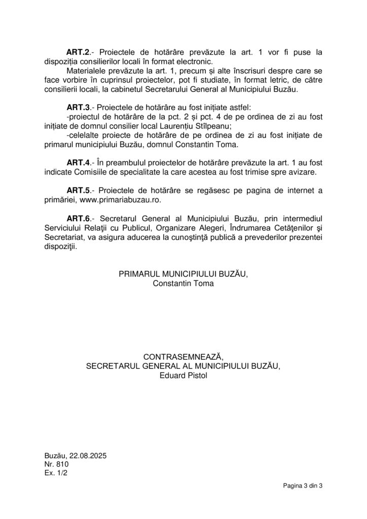 anunț Primăria Buzău, dispoziție convocare CLM Buzău august 2025