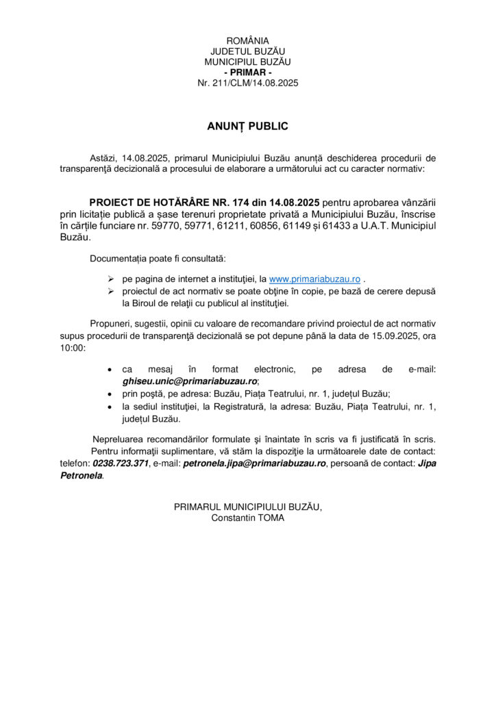 Primăria Buzău anunț public