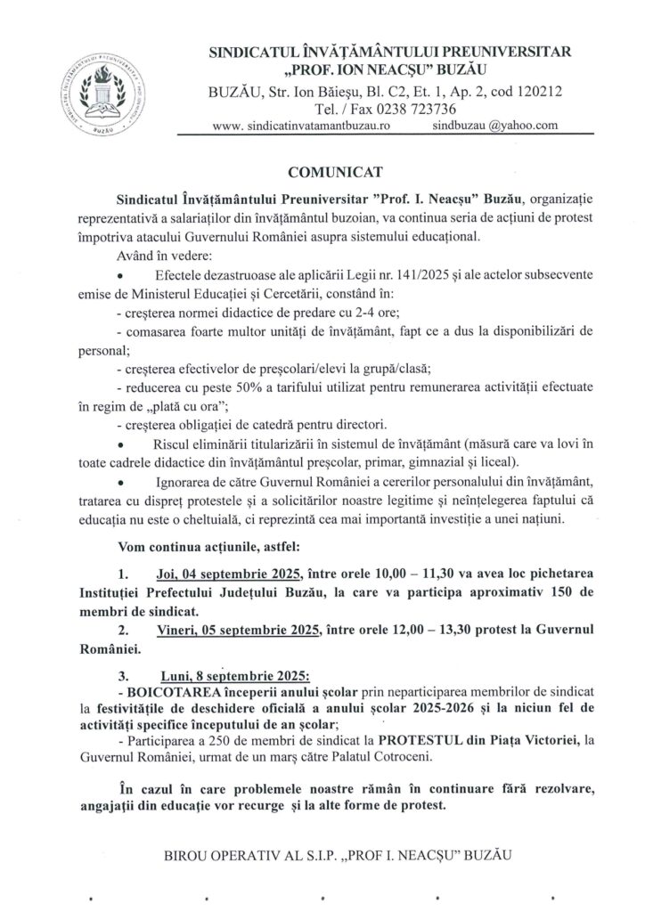 boicot început de an școlar 2025, pichetare Prefectură profesori Buzău, protest educație Buzău