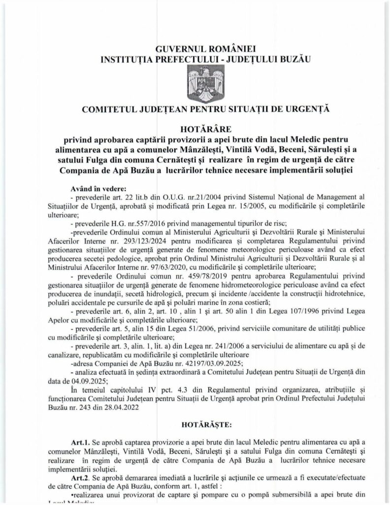 Comitetul Județean pentru Situații de Urgență Buzău, Lacul Meledic sursă alimentare apă