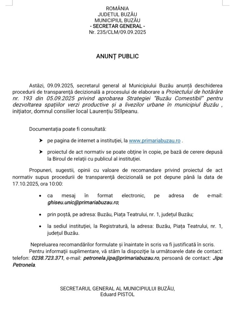 Buzău Comestibil, Primăria Buzău anunț public
