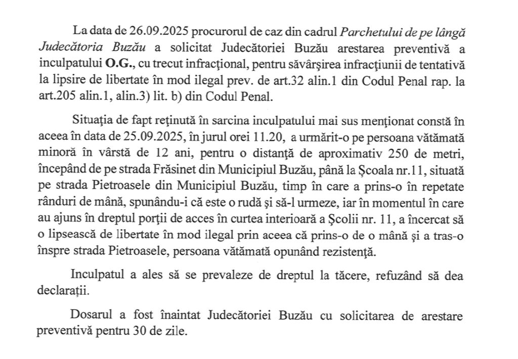 (UPDATE) Detalii incredibile! Eleva fusese urmărită și hărțuită de bărbat, până în fața școlii 1 tentativă răpire elevă Buzău