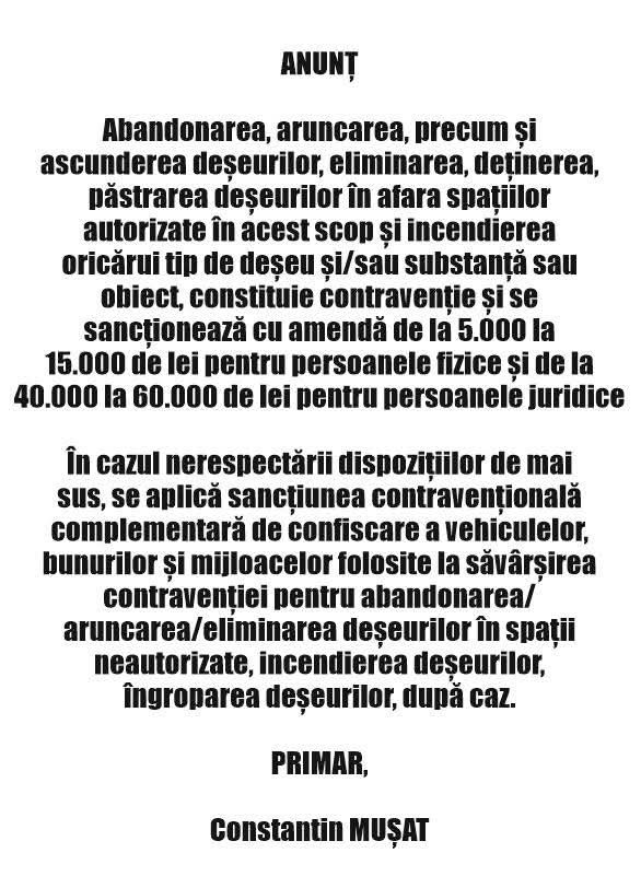 anunț Primăria Cislău depozitare deșeuri