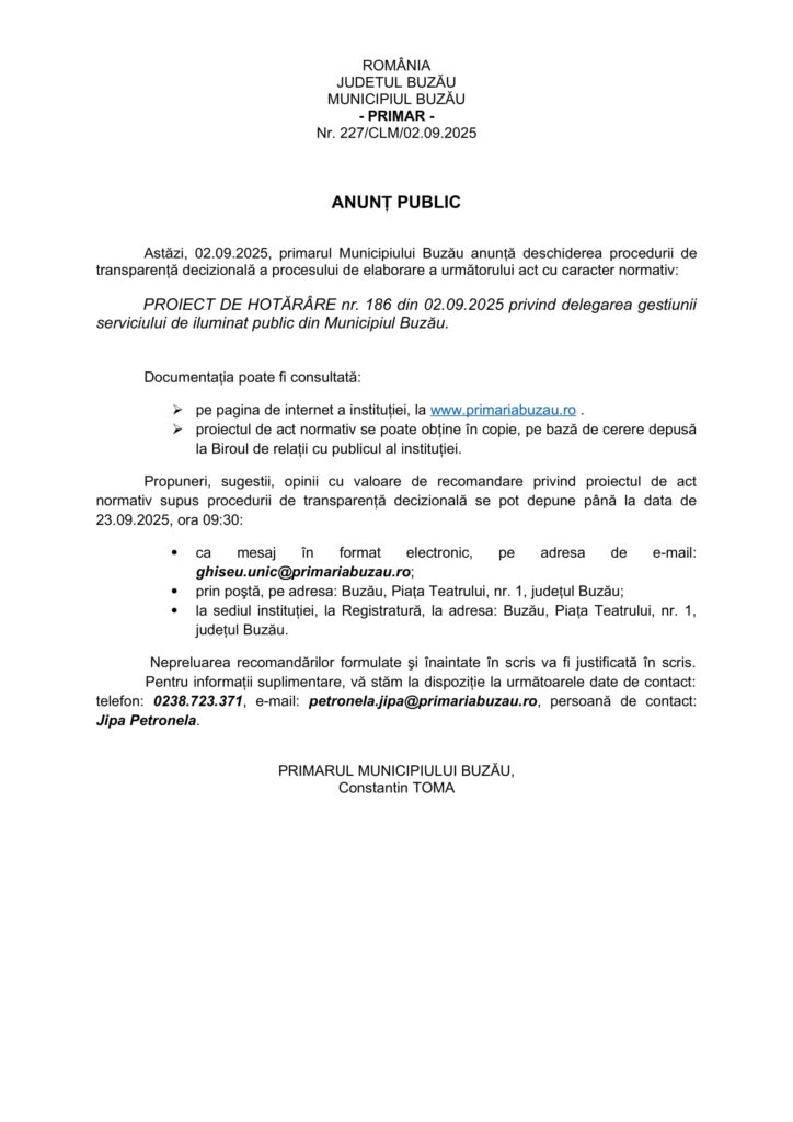 anunț Primăria Buzău, delegare serviciu iluminat public Buzău