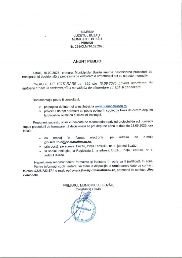 ajutoare plată apă canalizare, anunț public Primăria Buzău