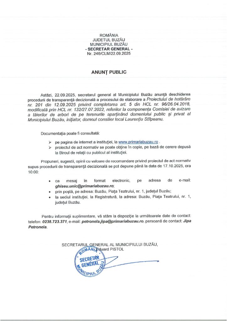 anunț Primăria Buzău, proiect de hotărâre CLM Buzău dezbatere publică