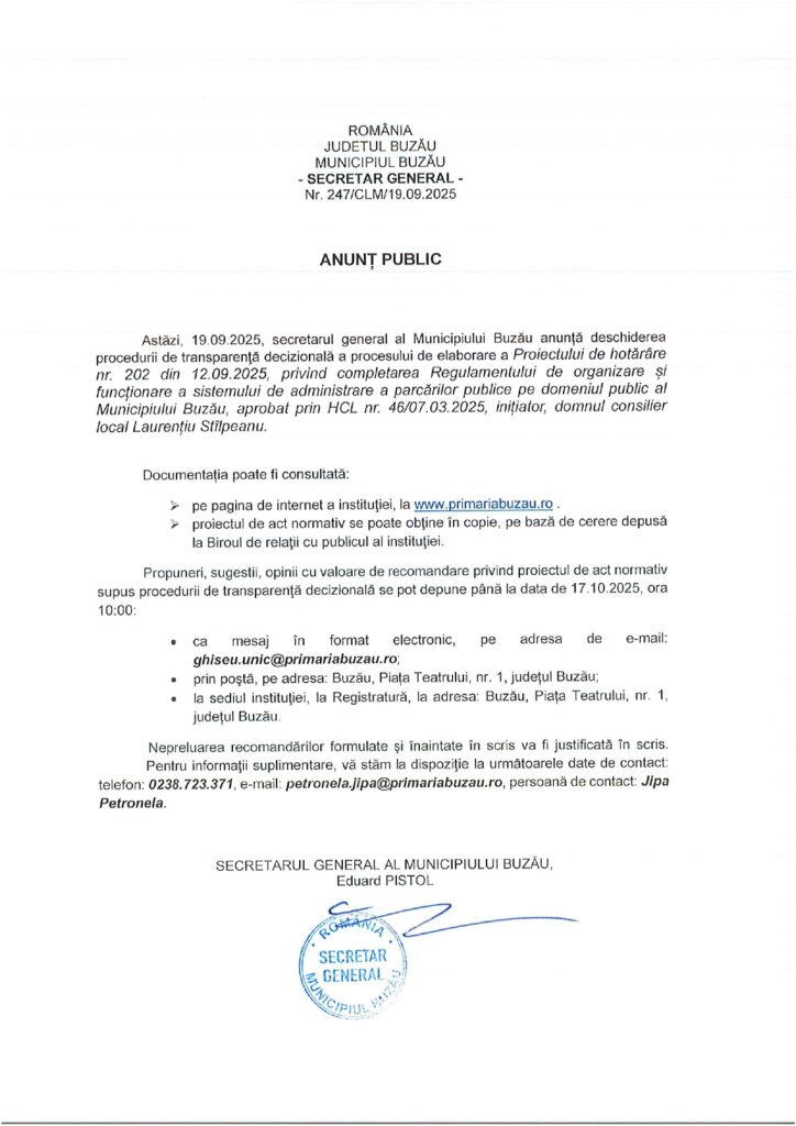 anunț public Primăria Buzău, proiect parcări publice Primăria Buzău