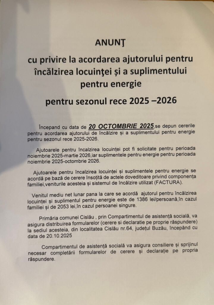 anunț Primăria Cislău, anunț Primăria Cislău ajutoare încălzire