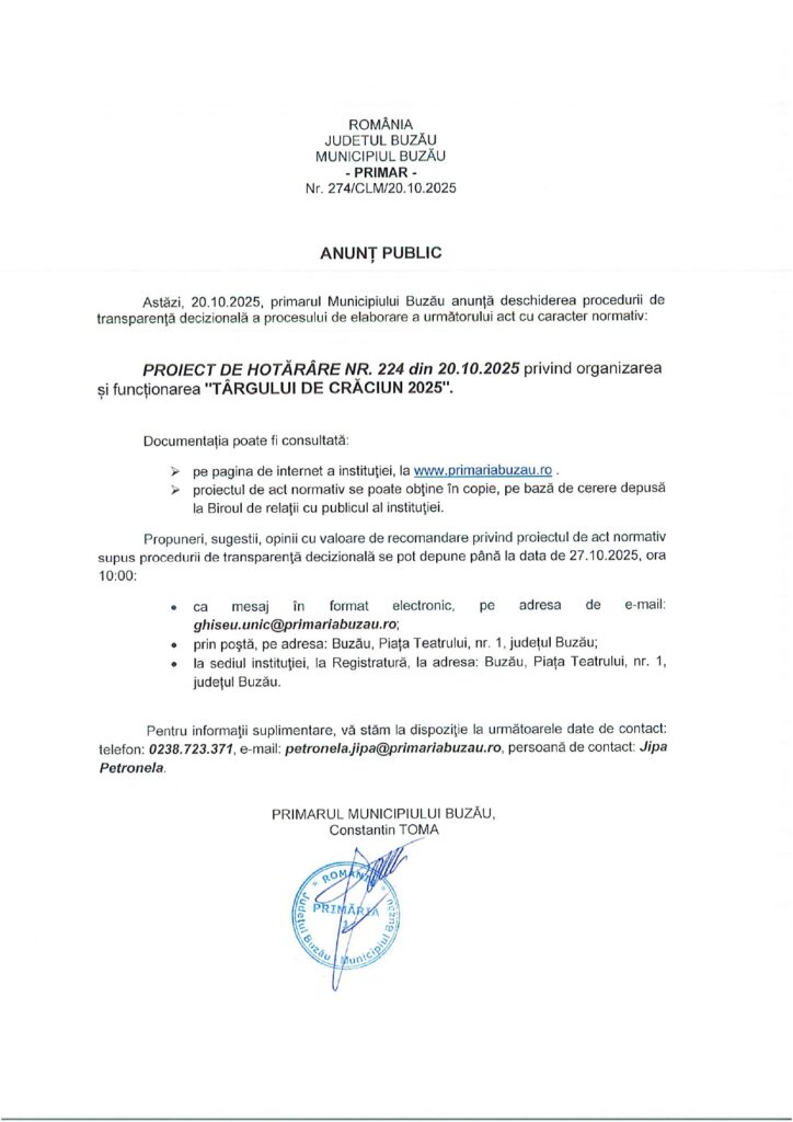 anunț Primăria Buzău, proiect organizare Târgul de Crăciun Buzău 2025