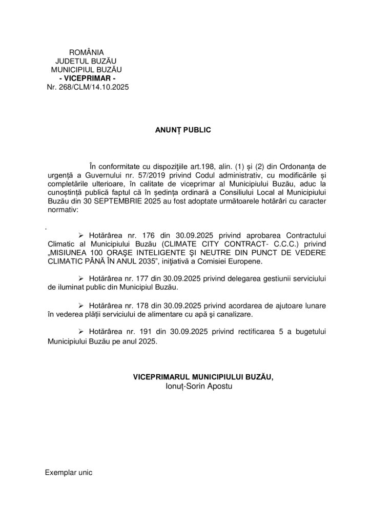 anunţ Primăria Buzău, hotărâri caracter normativ CLM Buzău