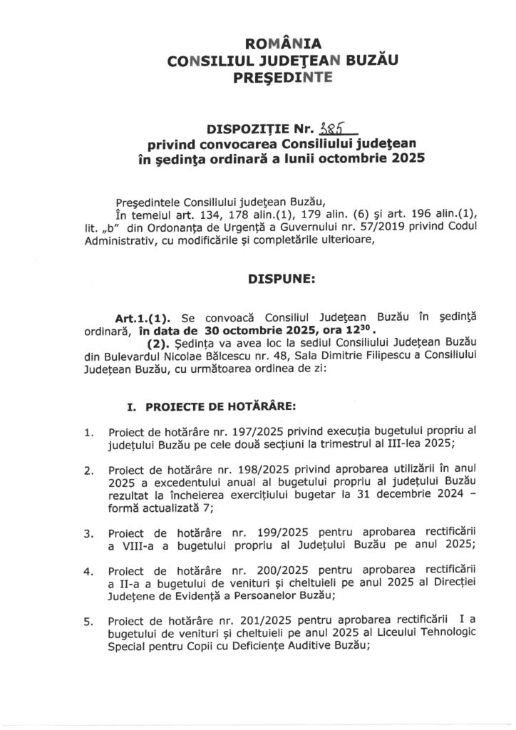 ședință ordinară Consiliul Județean Buzău octombrie 2025