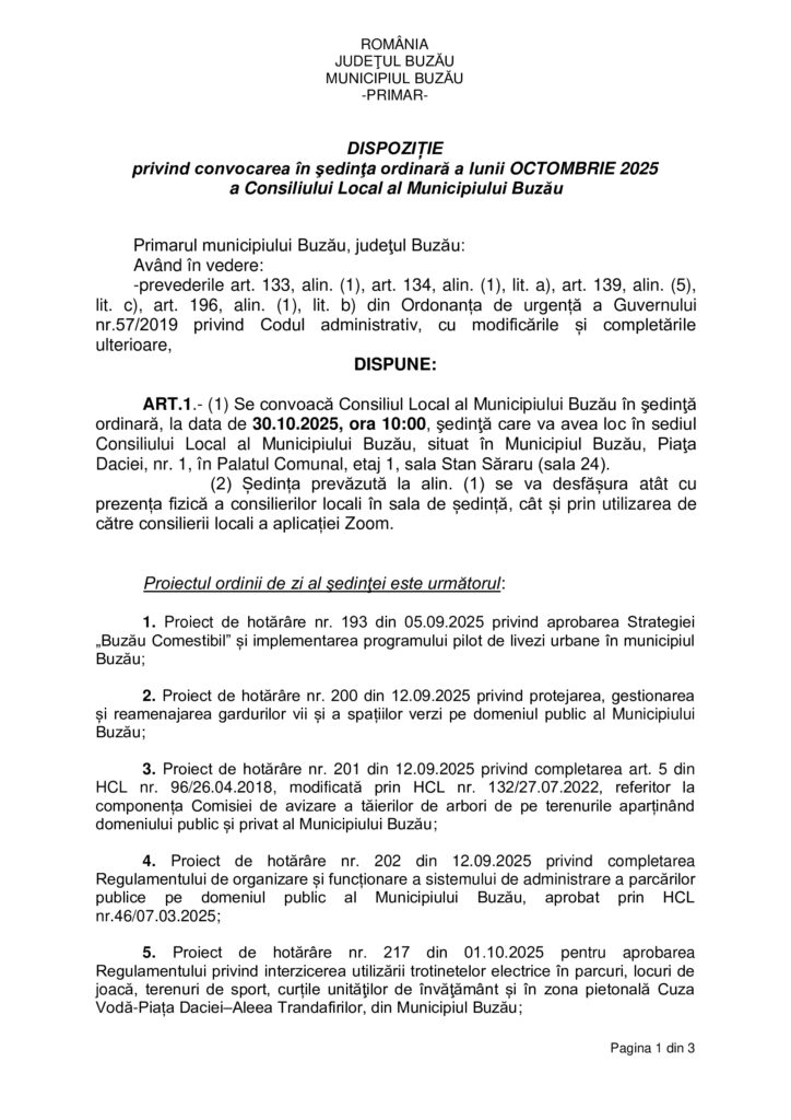 ședință CLM Buzău ordine de zi 30 octombrie 2025