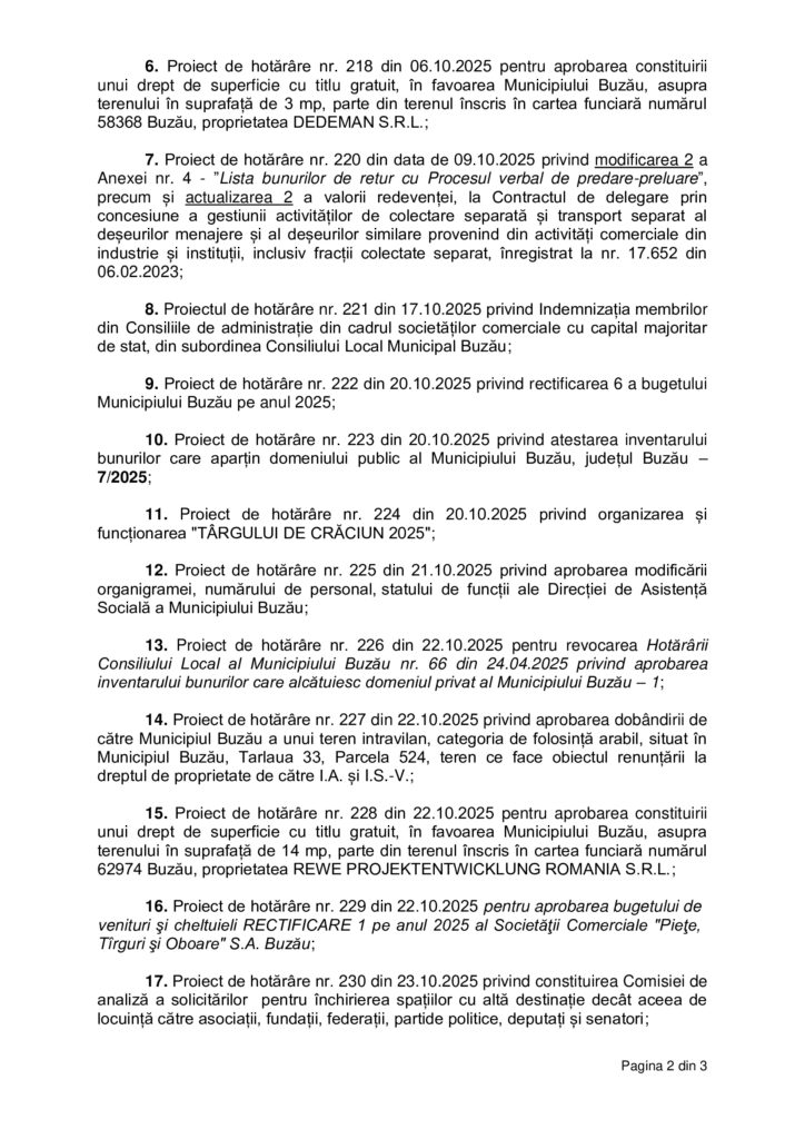 ședință CLM Buzău ordine de zi 30 octombrie 2025