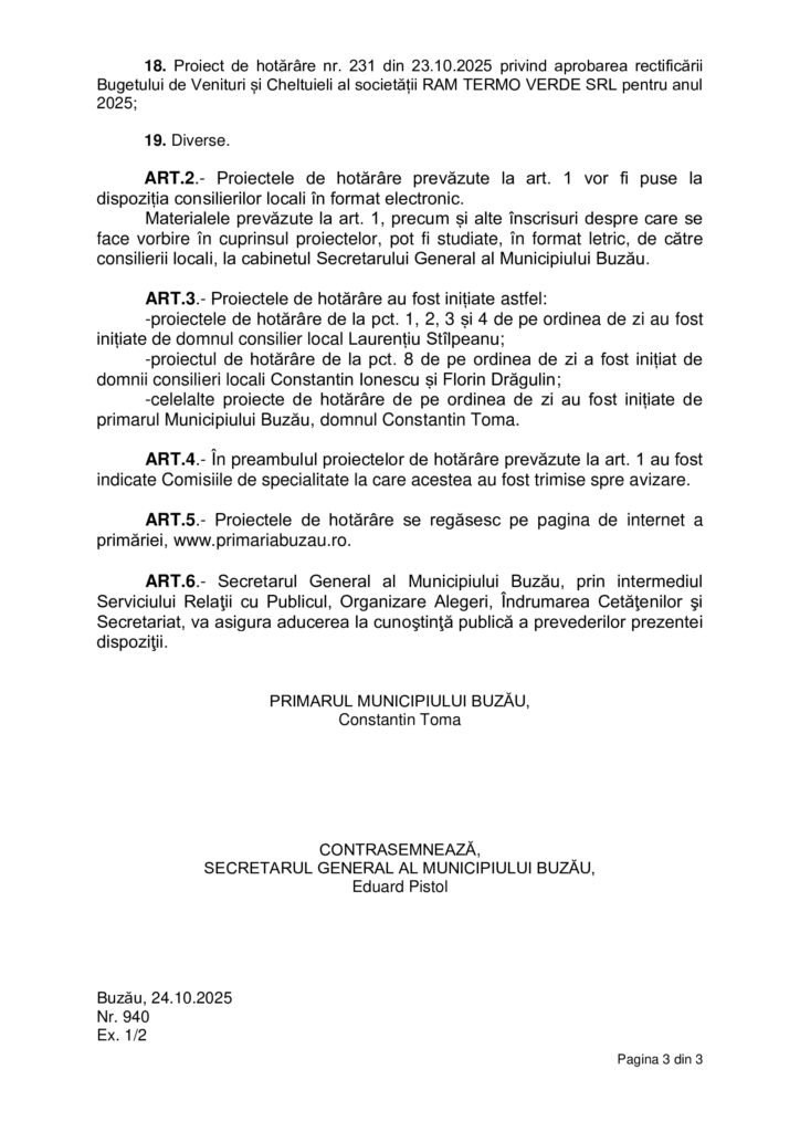 ședință CLM Buzău ordine de zi 30 octombrie 2025