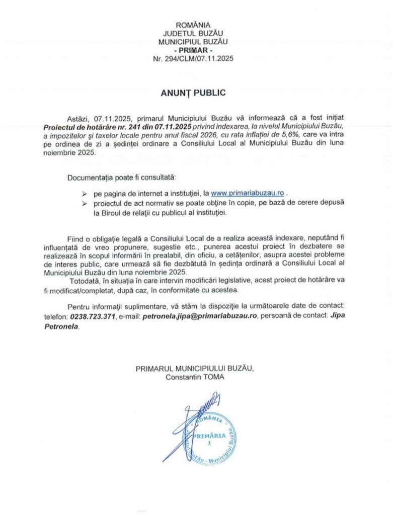 indexare taxe și impozite locale 2026 oraș Buzău, proiect indexare taxe și impozite locale Buzău
