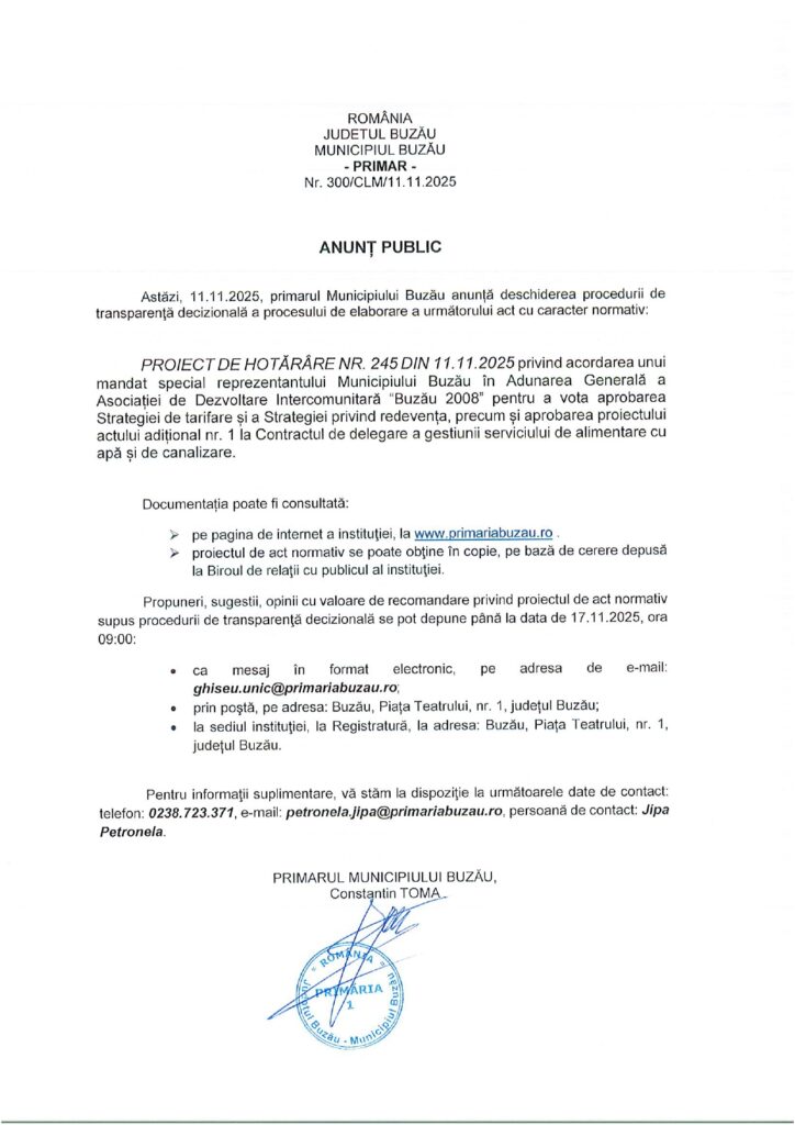 anunț public Primăria Buzău AGA Compania de Apă Buzău