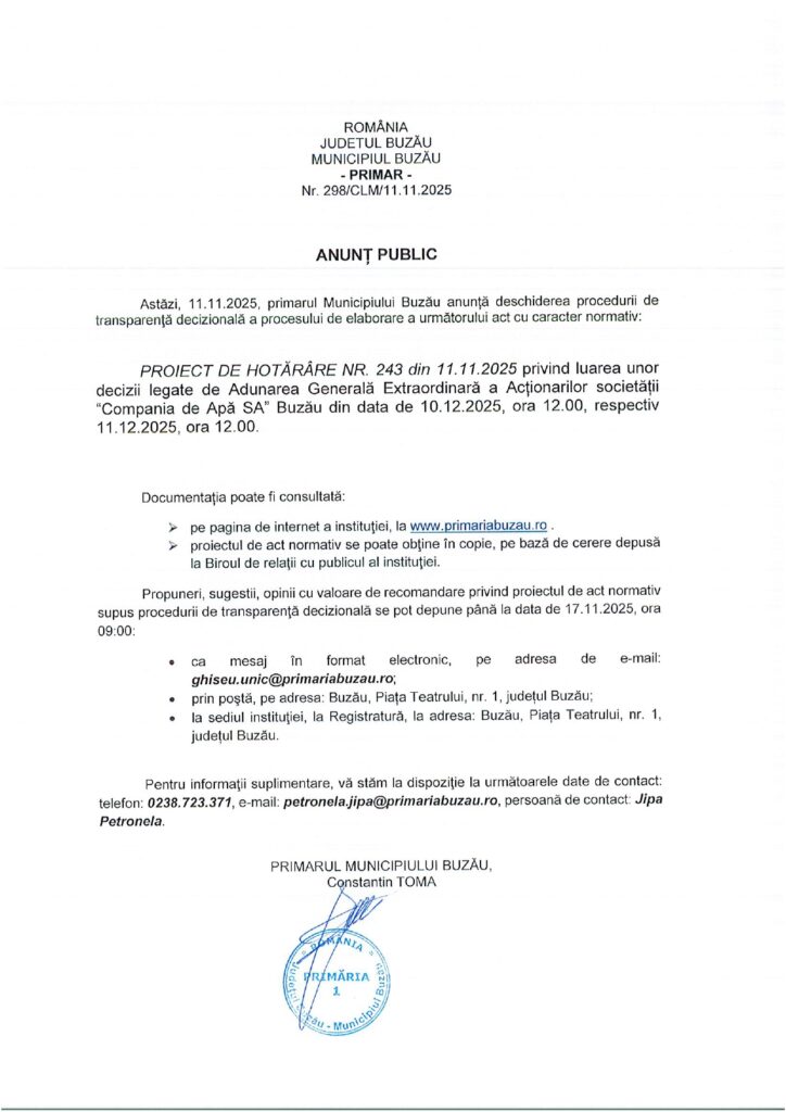 anunț public Primăria Buzău AGA Compania de Apă Buzău