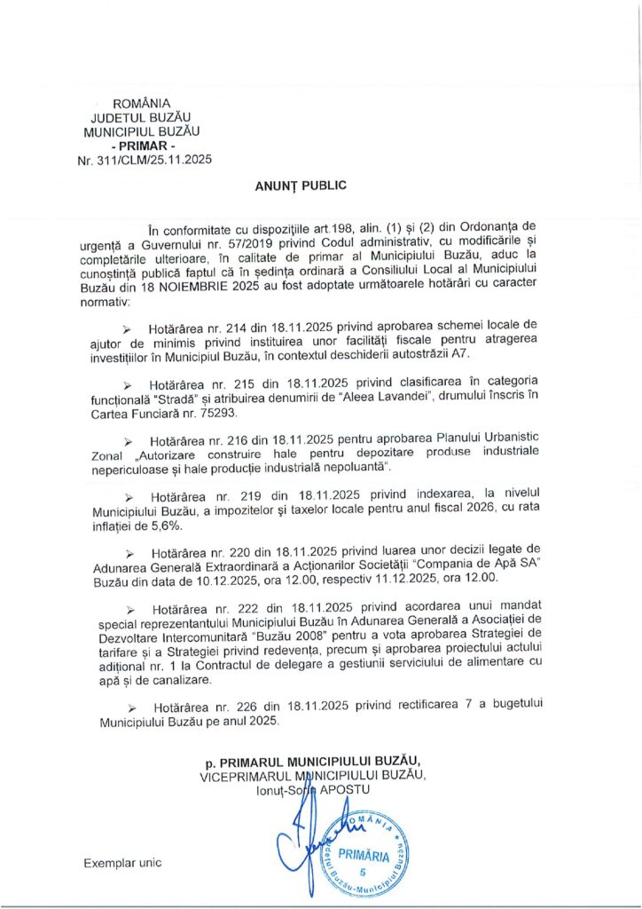 anunț public Primăria Buzău, hotărâri caracter normativ CLM 18 noiembrie 2025