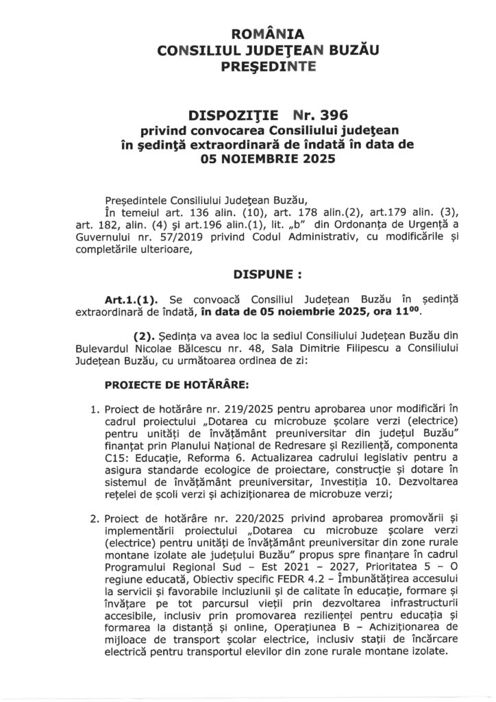 ședință de îndată Consiliul Județean Buzău noiembrie 2025