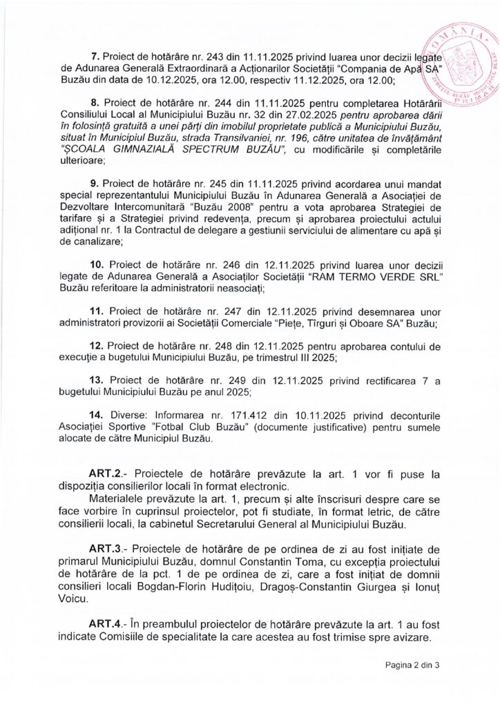 ședință Consiliul Local Municipal Buzău noiembrie 2025