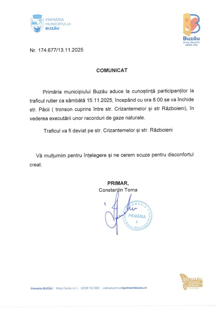 anunț Primăria Buzău, restricții de circulație Strada Păcii
